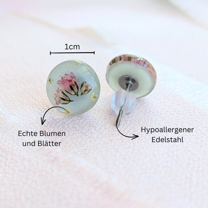 Handgefertigte Ohrstecker mit echten Blumen, 1 cm, Mintgrün, Hypoallergener Edelstahl