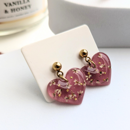 Handgefertigte Ohrringe mit echten Blumen und Blättern, Edelstahl, kreatives Geschenk, 2,5 cm, goldfarben, Herzform
