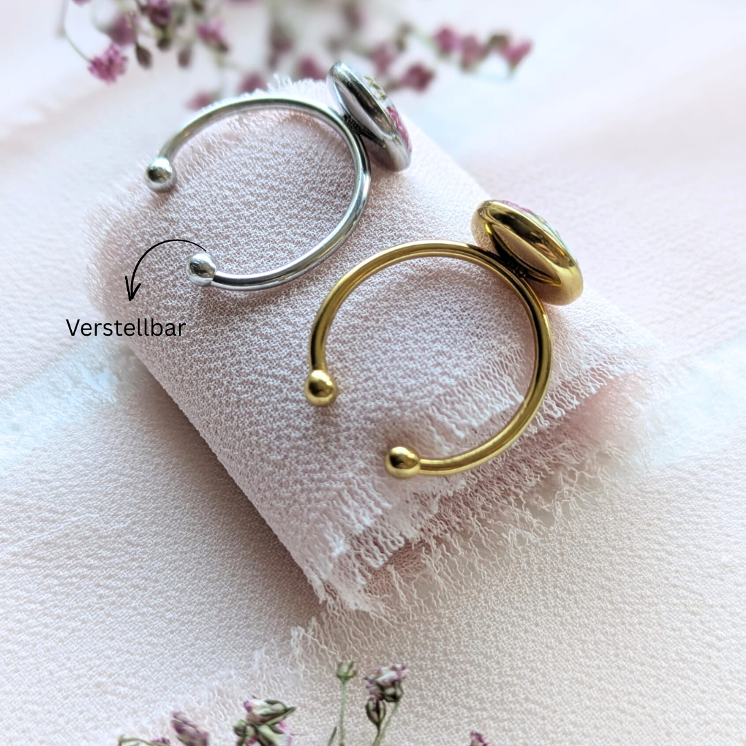 Verstellbarer Ring mit echten Blumen – Edelstahl Ring Gold oder Silber