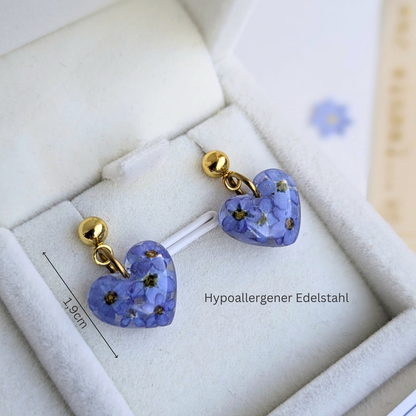 Vergissmeinnicht Schmuckset – Halskette & Ohrringe mit echten Blüten, Edelstahl, handgefertigt
