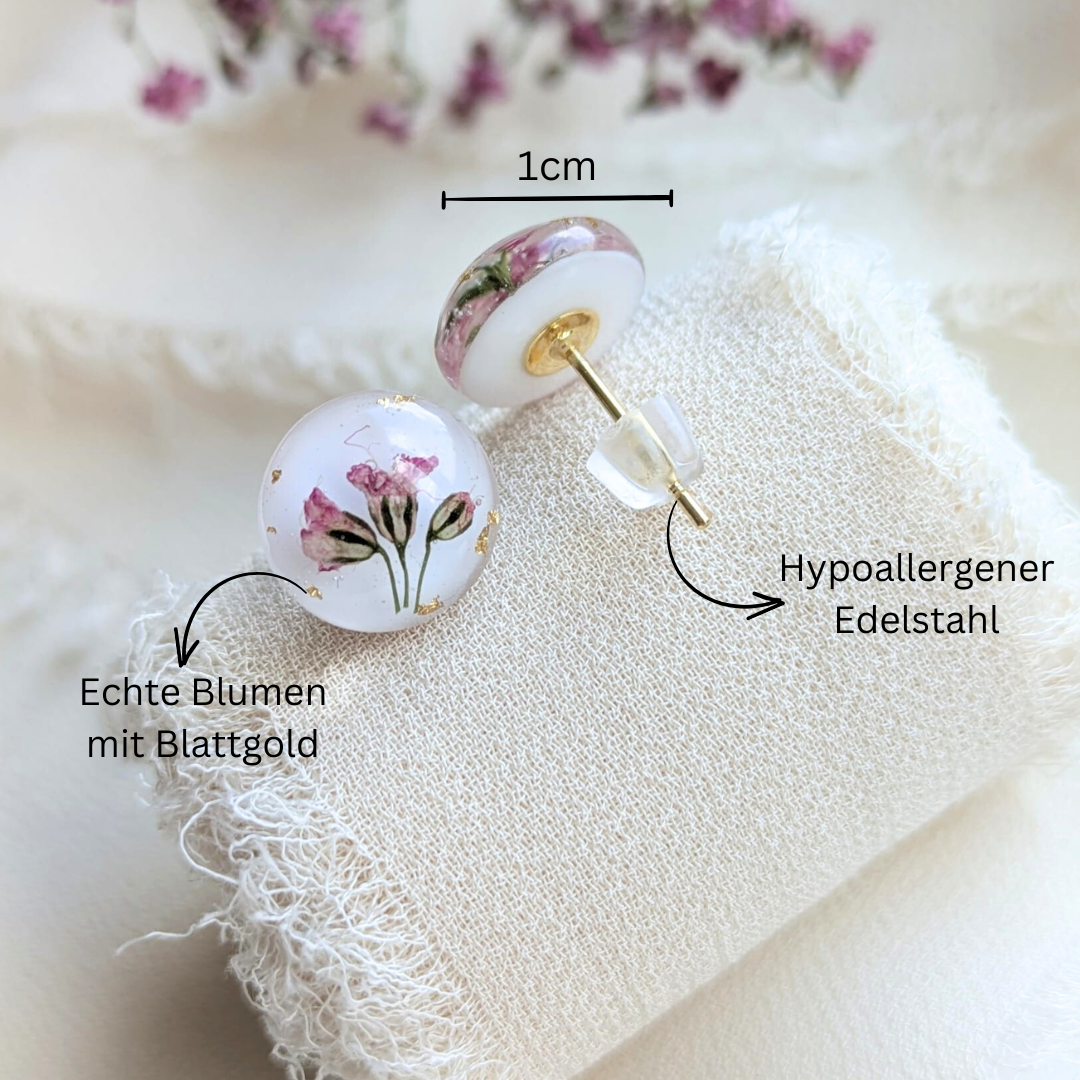 Handgefertigte Ohrstecker mit echten rosa Blumen – 1 cm, Blattgold, hypoallergener Edelstahl