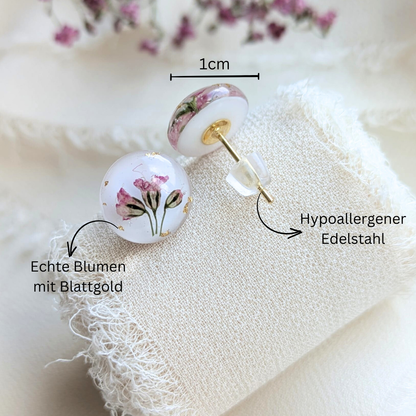 Handgefertigte Ohrstecker mit echten rosa Blumen – 1 cm, Blattgold, hypoallergener Edelstahl