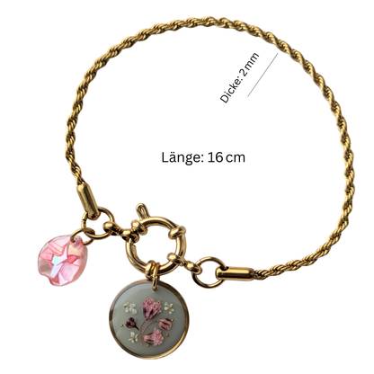 Edelstahl Damen Armband mit Blütenanhänger, 16cm Kordel-Kette, Goldfarben, Handgefertigt mit Echten Blumen in Harz, Rosa Perlmutt-Kristall, Ankerverschluss