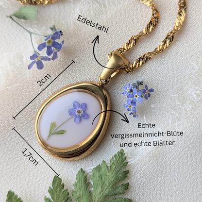 Edelstahl Vergissmeinnicht Medaillon Halskette, Goldfarben, 2cm Anhänger mit Echten Blüten und Blättern, Handgefertigt in Harz