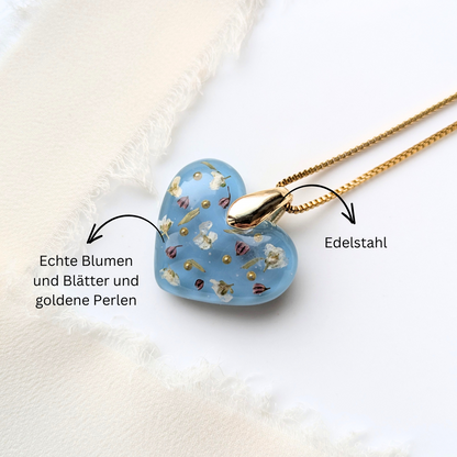 Handgefertigte Herz-Halskette mit echten Blumen, 2,5 cm Anhänger, 45 cm Kette, Blau