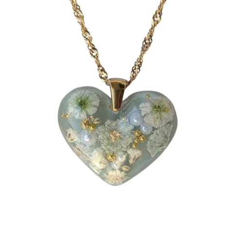 Handgefertigte Herz-Halskette mit Trockenblumen, Hellgrün, Edelstahl, 2,5 cm Anhänger, 45 cm Kette, Perlen und Blattgold Verzierung, Romantischer Schmuck