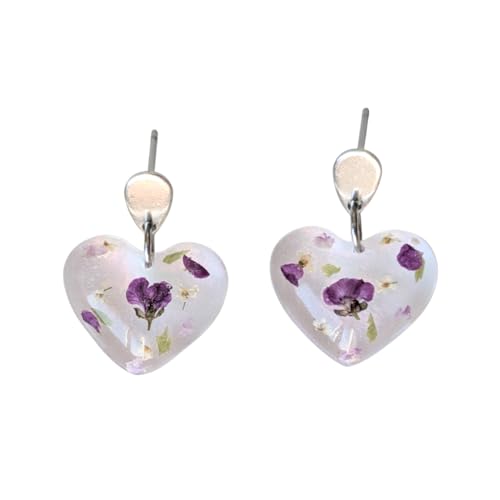 Handgefertigte Herz-Ohrringe mit echten Blumen, 2,7 cm, Hypoallergener Edelstahl, Transparent-Lila