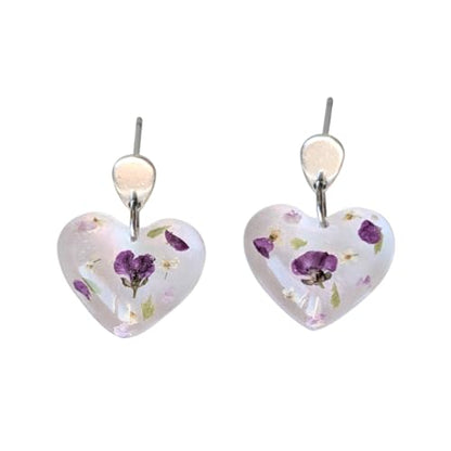 Handgefertigte Herz-Ohrringe mit echten Blumen, 2,7 cm, Hypoallergener Edelstahl, Transparent-Lila