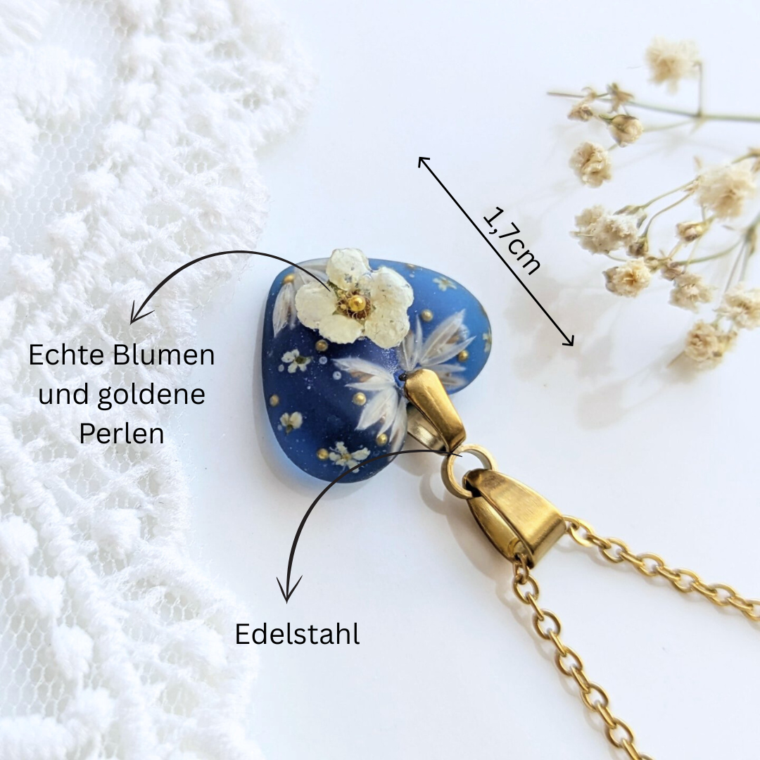 Handgefertigte Herz-Halskette mit echten Blüten, 1,7 cm Anhänger, 45 cm Edelstahlkette, Blau