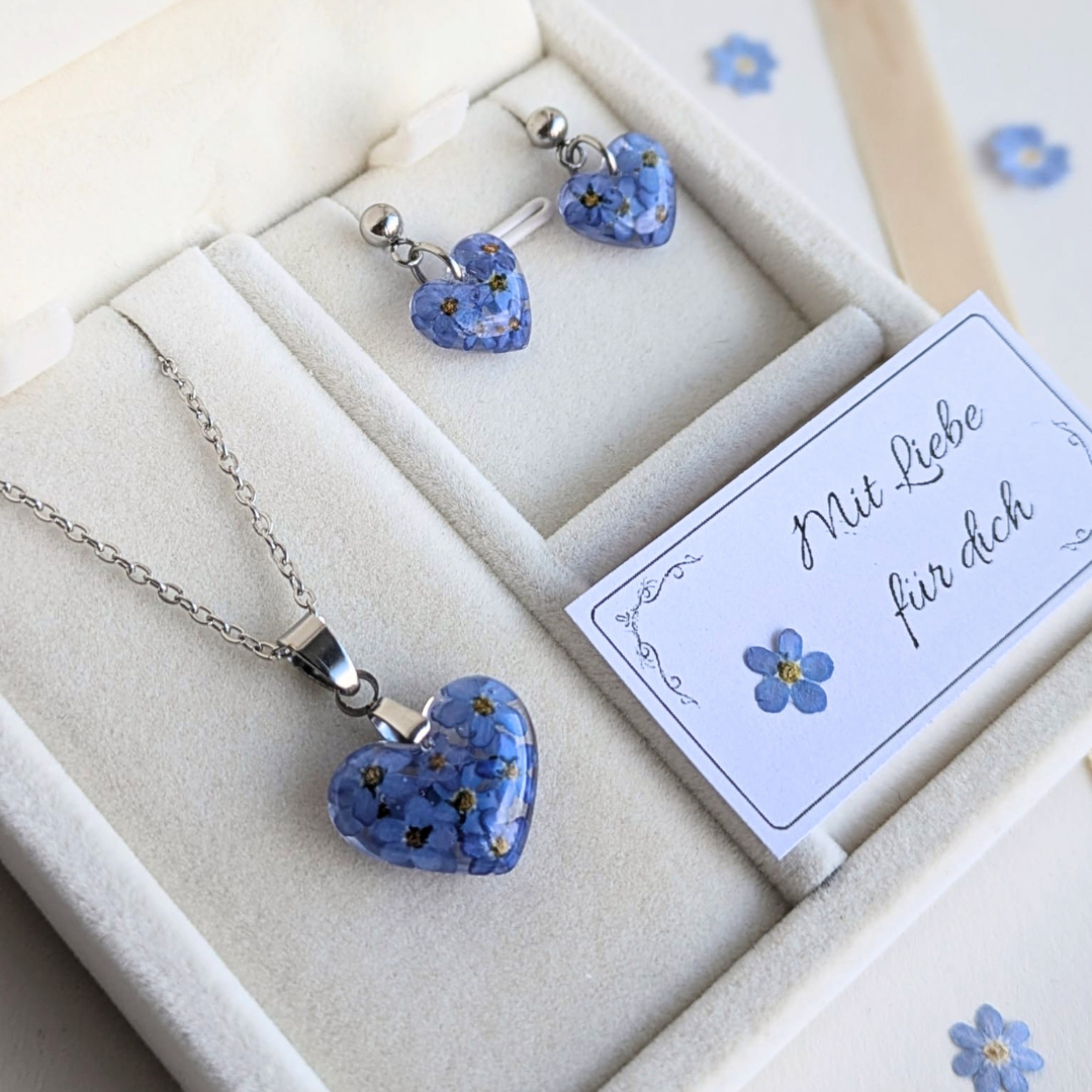 Vergissmeinnicht Schmuckset – Halskette & Ohrringe mit echten Blüten, Edelstahl, handgefertigt