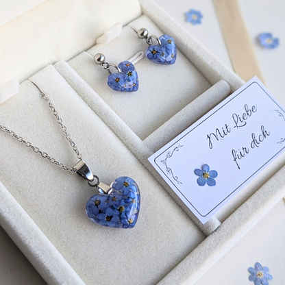 Vergissmeinnicht Schmuckset – Halskette & Ohrringe mit echten Blüten, Edelstahl, handgefertigt