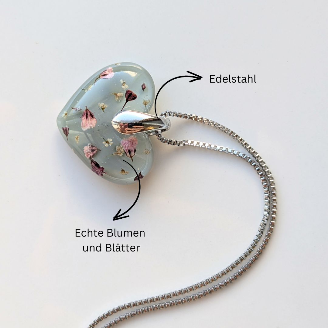 Handgefertigte Blumen-Herz Halskette, 2,5 cm Resin-Anhänger, 45 cm Kette, Mintgrün mit Echten Trockenblumen