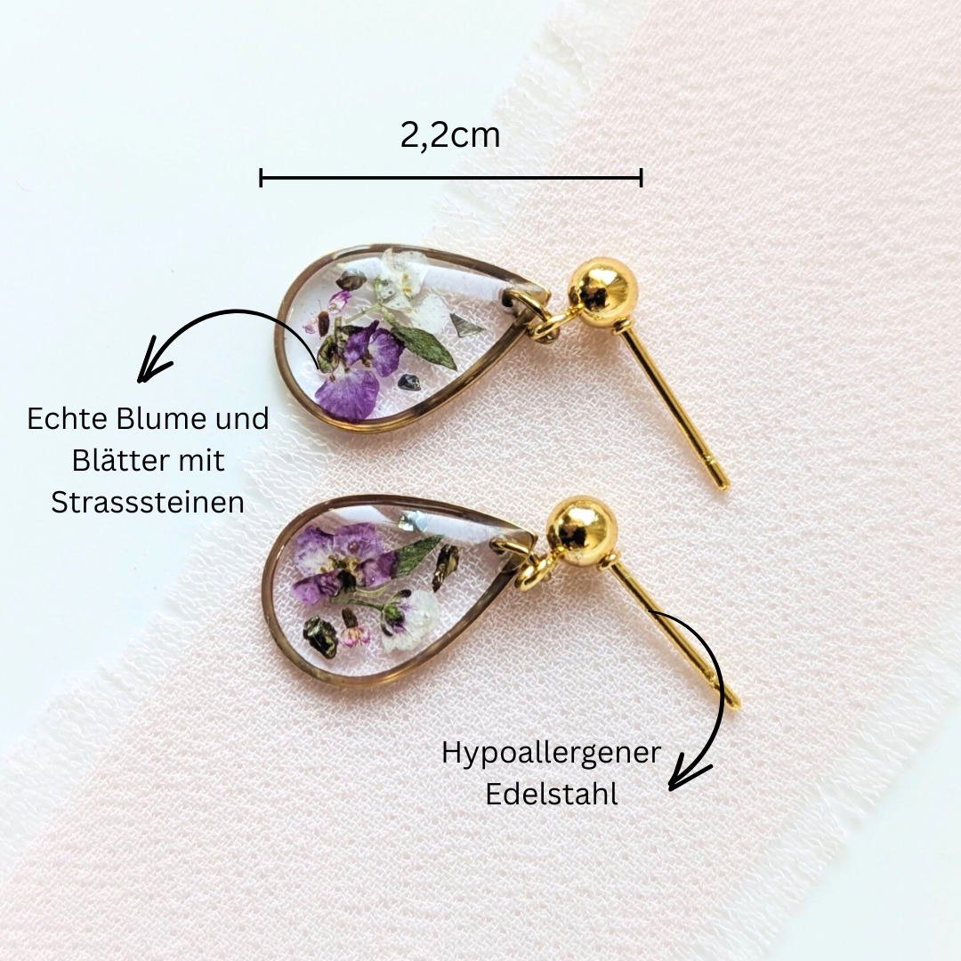 Handgefertigte Teardrop-Ohrringe mit echten Blüten, 2,2cm, Gold & Silber, Hypoallergener Edelstahl
