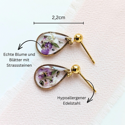 Handgefertigte Teardrop-Ohrringe mit echten Blüten, 2,2cm, Gold & Silber, Hypoallergener Edelstahl