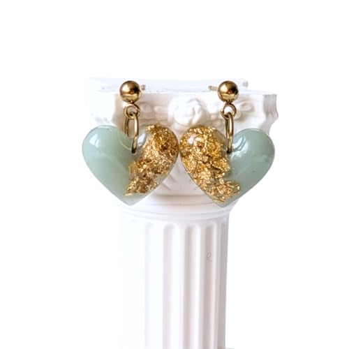 Handgefertigte Herz-Ohrringe mit Blattgold, Mintgrün- Gold, 2 cm, Edelstahl-Verschluss