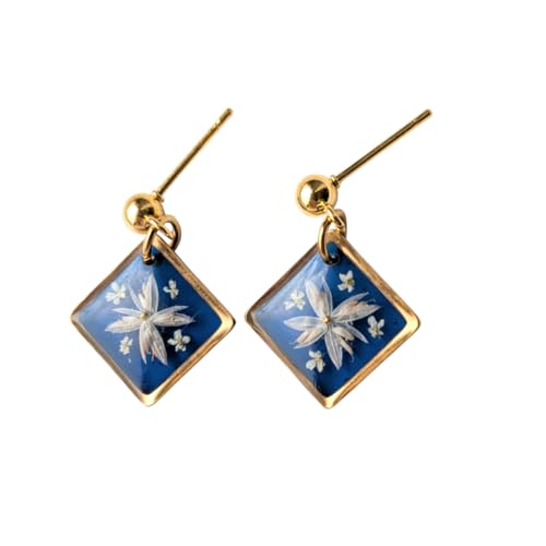 Handgefertigte Ohrringe mit echten Blüten, 2,3 cm, Blau und Gold, Hypoallergener Edelstahl