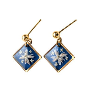 Handgefertigte Ohrringe mit echten Blüten, 2,3 cm, Blau und Gold, Hypoallergener Edelstahl