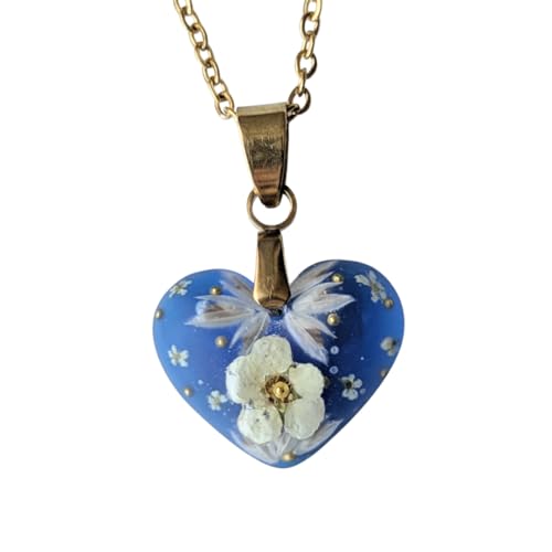 Handgefertigte Herz-Halskette mit echten Blüten, 1,7 cm Anhänger, 45 cm Edelstahlkette, Blau