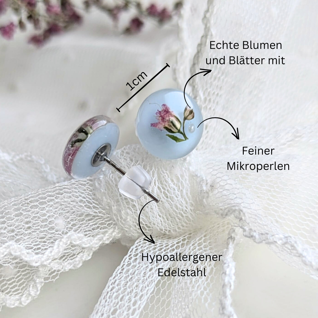 Ohrstecker mit echten Blumen – Handgefertigte Ohrstecker Hellblau