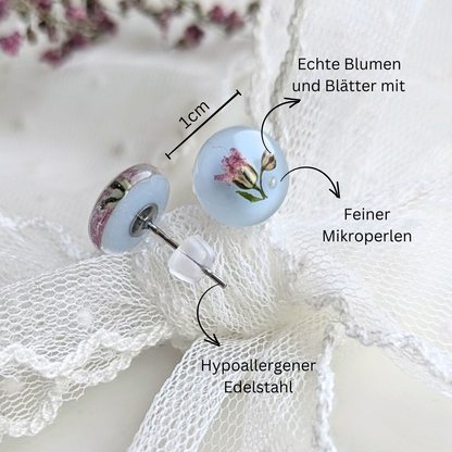Ohrstecker mit echten Blumen – Handgefertigte Ohrstecker Hellblau