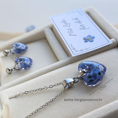 Vergissmeinnicht Schmuckset – Halskette & Ohrringe mit echten Blüten, Edelstahl, handgefertigt