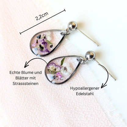 Handgefertigte Teardrop-Ohrringe mit echten Blüten, 2,2cm, Gold & Silber, Hypoallergener Edelstahl