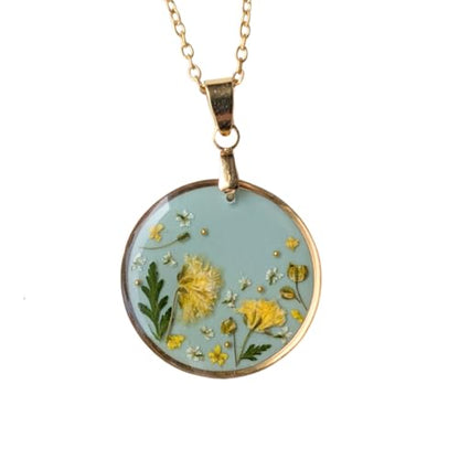Handgefertigte Halskette mit Trockenblumen, 2,5 cm Epoxidharz-Anhänger, Mintgrün mit Gelben Blüten, 45 cm Edelstahl Goldkette