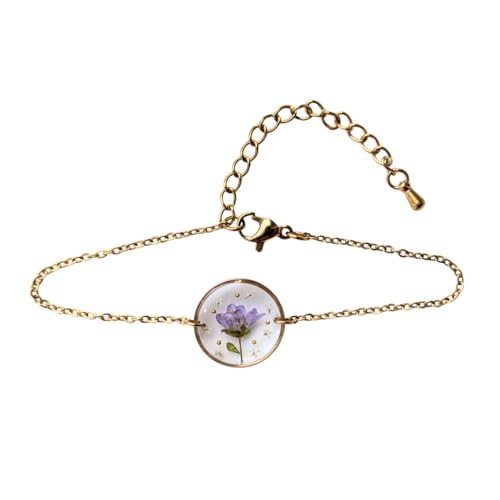 Handgefertigtes Blumen-Armband, Echte Blüten in Harz, 16 cm + 5 cm Verstellbar, Edelstahl-Kette, Gold