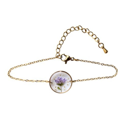 Handgefertigtes Blumen-Armband, Echte Blüten in Harz, 16 cm + 5 cm Verstellbar, Edelstahl-Kette, Gold