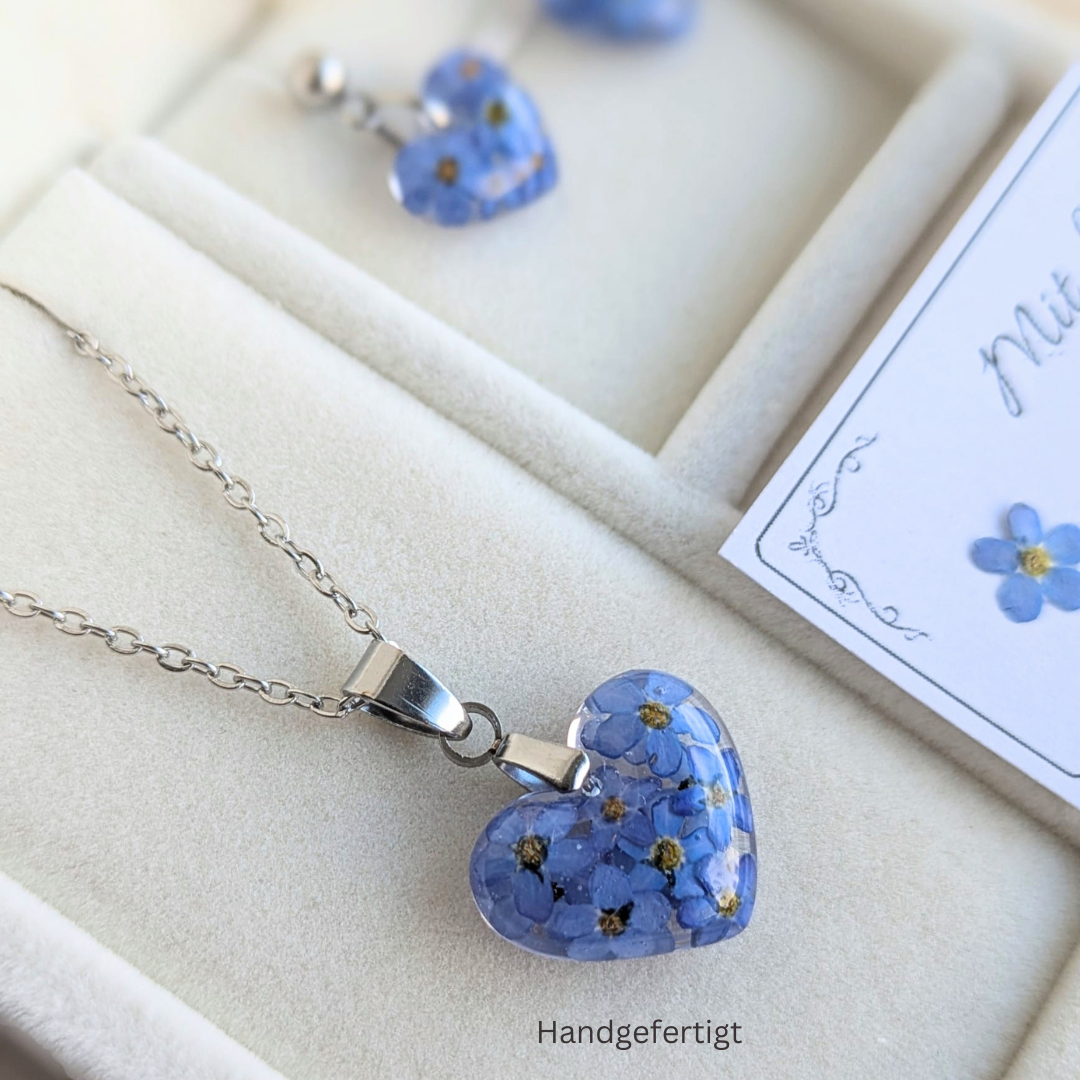 Vergissmeinnicht Schmuckset – Halskette & Ohrringe mit echten Blüten, Edelstahl, handgefertigt