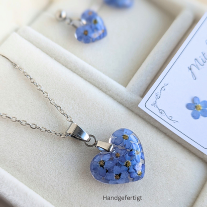 Vergissmeinnicht Schmuckset – Halskette & Ohrringe mit echten Blüten, Edelstahl, handgefertigt