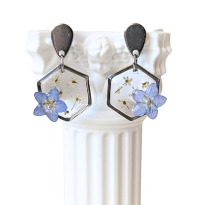 Handgefertigte Hexagon-Ohrringe mit Vergissmeinnicht, 2 cm, Hypoallergener Edelstahl, Echte Blüten