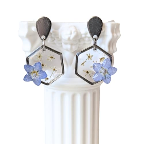 Handgefertigte Hexagon-Ohrringe mit Vergissmeinnicht, 2 cm, Hypoallergener Edelstahl, Echte Blüten