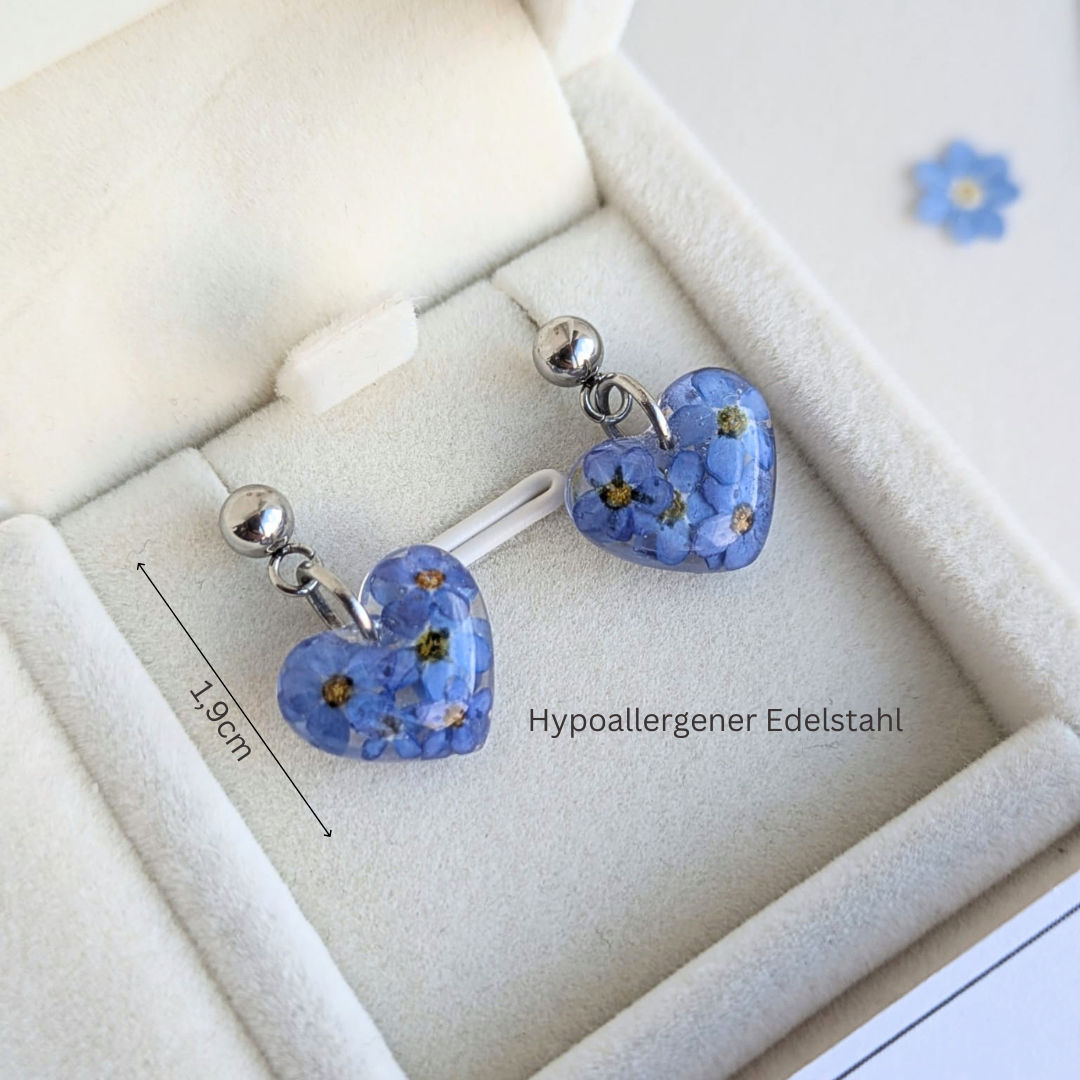 Vergissmeinnicht Schmuckset – Halskette & Ohrringe mit echten Blüten, Edelstahl, handgefertigt