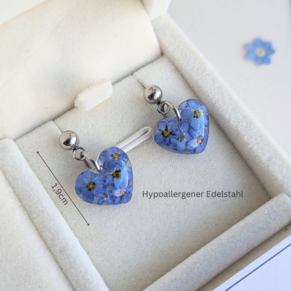 Vergissmeinnicht Schmuckset – Halskette & Ohrringe mit echten Blüten, Edelstahl, handgefertigt