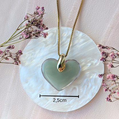 Handgefertigte Blumen-Herz Halskette, 2,5 cm Resin-Anhänger, 45 cm Kette, Mintgrün mit Echten Trockenblumen
