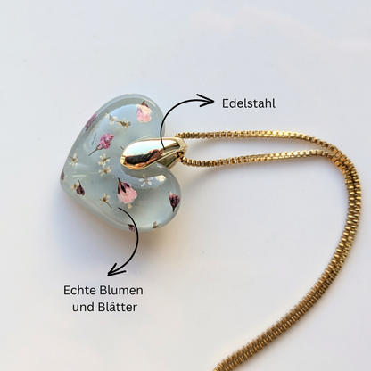 Handgefertigte Blumen-Herz Halskette, 2,5 cm Resin-Anhänger, 45 cm Kette, Mintgrün mit Echten Trockenblumen