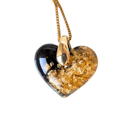 Handgefertigte Herz-Halskette, Harz mit Blattgold, 2,5 cm Anhänger, 45 cm Goldkette, Schwarz-Gold