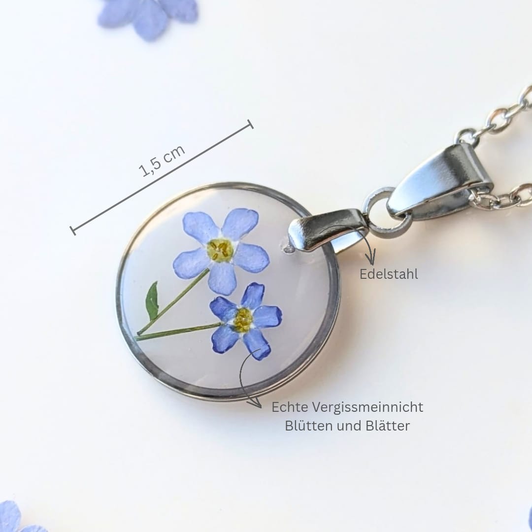 Vergissmeinnicht Halskette mit echten Blumen – Handgemachter Anhänger aus Harz – Edelstahlkette (45+5 cm) – Zartes Geschenk für Frauen
