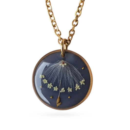 Halskette mit echter Pusteblume & Blüten – Handgemachter Schmuck aus echten Blumen, filigrane Halskette aus Edelstahl, Geschenk für Frauen