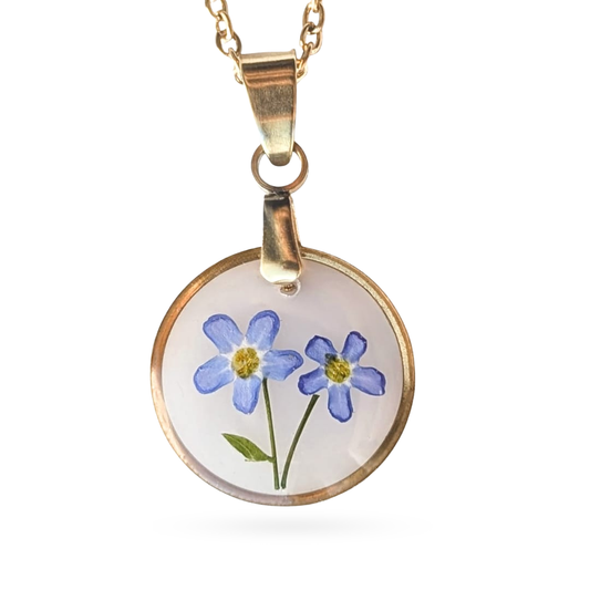 Vergissmeinnicht Halskette mit echten Blumen – Handgemachter Anhänger aus Harz – Edelstahlkette (45+5 cm) – Zartes Geschenk für Frauen