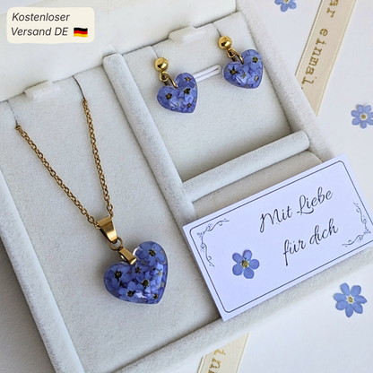 Vergissmeinnicht Schmuckset – Halskette & Ohrringe mit echten Blüten, Edelstahl, handgefertigt