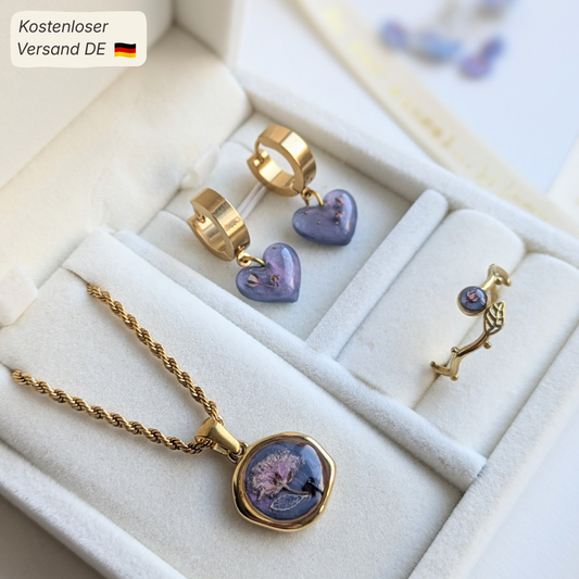 Elegantes Schmuckset mit echten Blumen – 3-teilig & handgefertigt