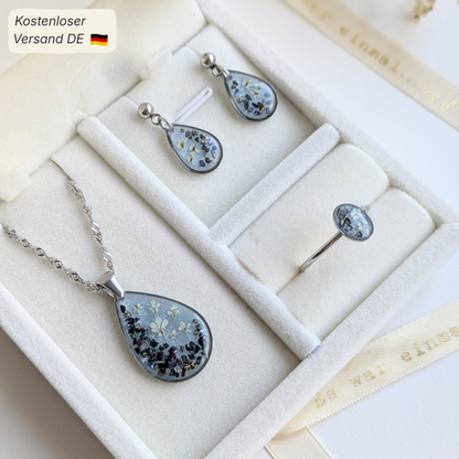 Elegantes Schmuckset mit echten Blumen in Tropfenform – 3-teilig & handgefertigt