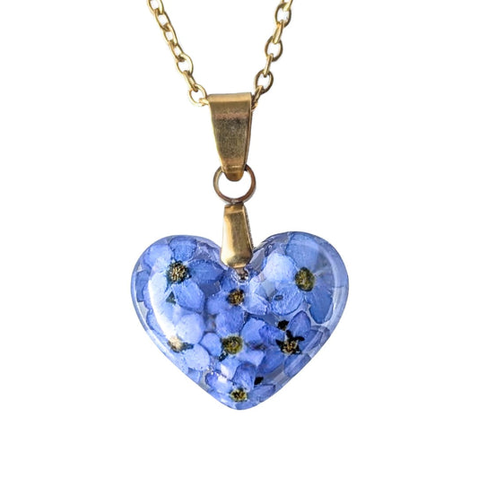 Handgefertigte Herz-Halskette mit echten Vergissmeinnicht-Blüten, 1,7 cm Anhänger, 45 cm Edelstahlkette, Blau