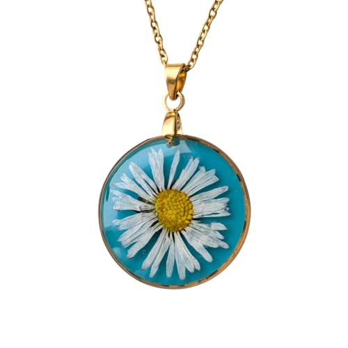 Handgefertigte Halskette mit Gänseblümchen in Epoxidharz, Runder Anhänger 2,5 cm, Goldfarben, 45 cm Kette