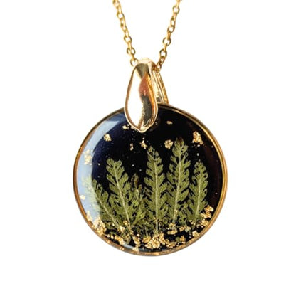 Handgefertigte Naturblatt-Halskette, 45 cm Edelstahlkette, 2,5 cm Runder Epoxidharz-Anhänger mit Blattgold, Marineblau