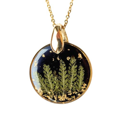 Handgefertigte Naturblatt-Halskette, 45 cm Edelstahlkette, 2,5 cm Runder Epoxidharz-Anhänger mit Blattgold, Marineblau