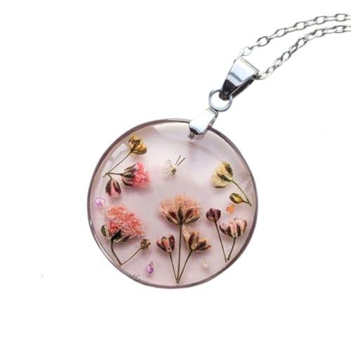 Handgefertigte Blumen-Halskette, 2,5 cm Epoxidharz-Anhänger, 45 cm Edelstahlkette, Echte Trockenblüten
