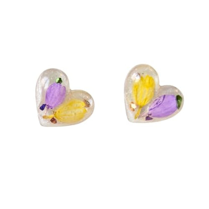 Handgefertigte Herz-Ohrstecker mit echten Blumen, 1,3 x 1,3 cm, Lila und Gelb, Harz-Schmuck